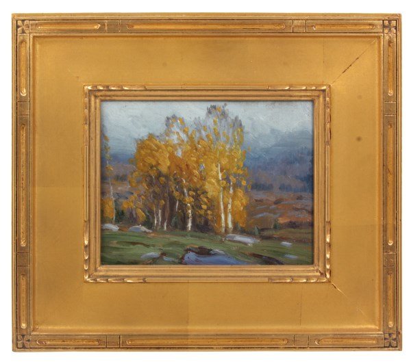Gustave Wiegand O/B Landscape: Gustave Wiegand O/B Landscape. Gustave Adolph Wiegand (1870-1957, Germany & NY) oil on board landscape painting with golden birch trees. In very good condition with no losses or inpainting; signed low