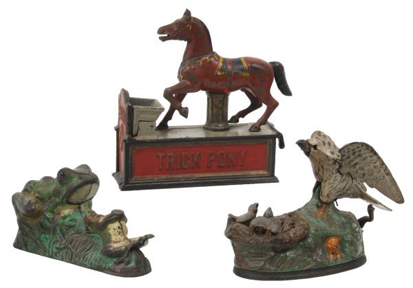 3 Cast Iron Mechanical Banks: 3 Cast Iron Mechanical Banks. 1) Two Frogs Mechanical bank by J. & E. Stevens, c.1882; working, no breaks or repairs, has trap door & beaded eyes, has wear to original paint., 4.5 in. high x 8.5 in. w