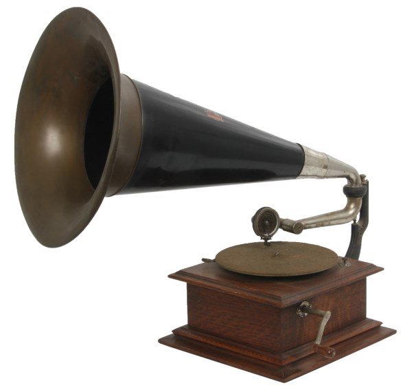 Victor Type I Rear Mount Phonograph: Victor Type I Rear Mount Phonograph. Oak case has an 8 in. turntable with rear mounted painted black and gold stenciled support bracket, silvered tone arm with exhibition reproducer, silvered fitter i