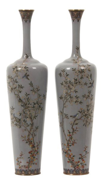 Pr. Japanese Cloisonne Bud Vases: Pr. Japanese Cloisonne Bud Vases. 9.25 in. high vases have a conical form with a wide shoulder, long bottle neck and slightly flaring rim, brass top and bottom with remnants of silver plating; the vas