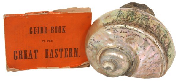 Beautiful Scrimshaw Carved Seashell: Beautiful Scrimshaw Carved Seashell & Guide Book. Large abalone spiral seashell is scrimshaw decorated with a portrait of a large steam ship, title and specifications are also inscribed; “The Great