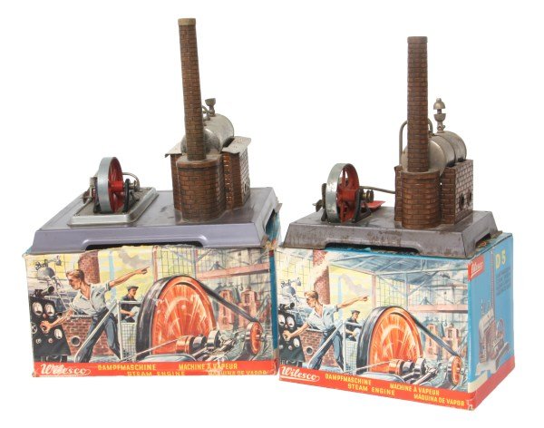 2 Wilesco Toy Boiler Steam Engines: 2 Wilesco Toy Boiler Steam Engines in Original Boxes. 2 toy steam engines by Wliesco - Wilh. Schroder & Co., models D5 & D8 with boxes of dry fuel tablets by Esbit Co. and Fuel Rotation Heating Hexami