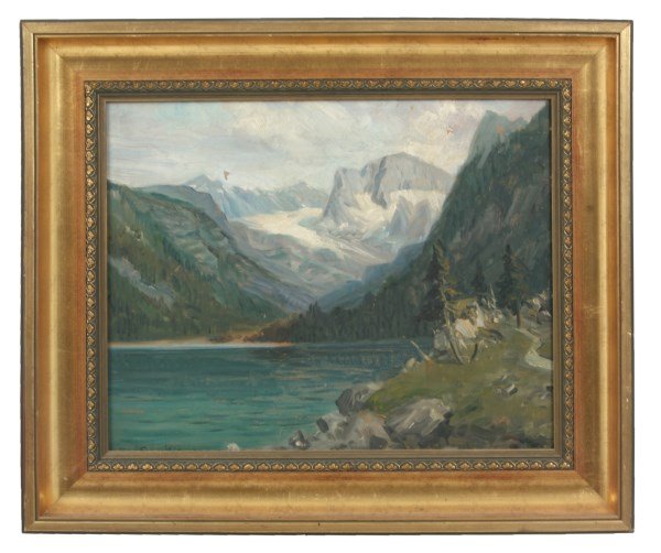 Otto Schaffenacker O/B Mountain Scene: Otto Schaffenacker oil on board mountainous landscape painting with tall Austrian mountain Dachstein in the background, trees lining the lake in the foreground, in good overall condition with some min