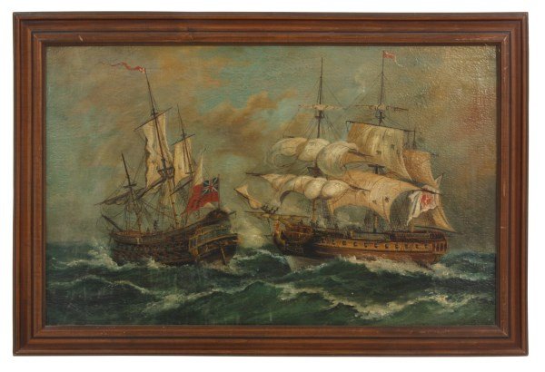 Painting of Sailing Ships: Lg. O/C Ship Battle Scene. Unsigned oil on canvas painting with a British ship and Spanish ship engaged in battle. Nice scene in good overall condition, paint has some crackling with some minor loss i