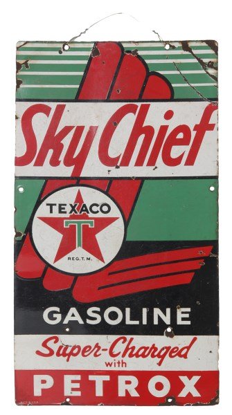 Sky Chief Texaco Gasoline Sign: Sky Chief Texaco Gasoline Sign. Porcelain over tin sign with colors of red, black, green and white, reads Sky Chief Gasoline Super-Charged with Petrox. Has some flaking an chipping to the porcelain en