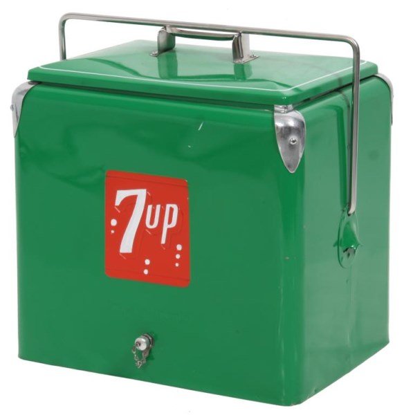 7up Progress Refrigerator Company Cooler: 7up Progress Refrigerator Company Cooler. Beautiful vintage cooler has a metal frame with embossed 7up logo on the front and back with drain plug, silvered corner mounts, handle on the lid and locking