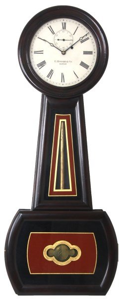 E. Howard & Co. No 1 Banjo Clock: E. Howard & Co. No 1 Banjo Clock. 12 in. painted metal dial signed “E. Howard & Co. – Boston”, has black Roman hour numerals, sub seconds dial and pierced diamond hands; quality brass weight dri