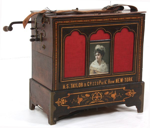 H.S. Taylor & Co. Inlaid Barrel Organ: H.S. Taylor & Co. Inlaid Barrel Organ. Walnut case with banded marquetry inlaid borders in the front, filigree inlays and inlaid signature reads “H.S. Taylor & Co., 229 Park Row, New York”, has br