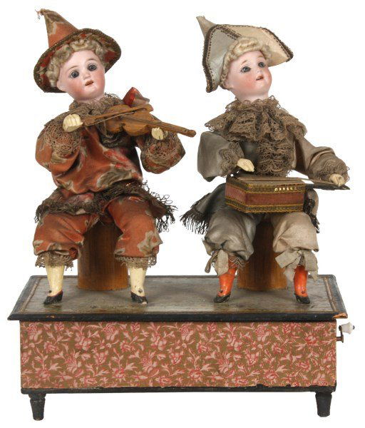 Attr: Gustave Vicky Hand Crank Musical Automaton: Attr: Gustave Vicky Hand Crank Musical Automaton. 2 bisque head dolls stamped with S&H and FB in a star for Simon & Halbig, number 4600-10, with glass eyes, figures have carved wood hands and legs, se