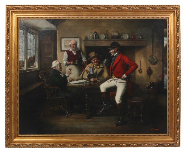 A.L. Grace O/C Interior Pub Scene: A.L. Grace (1870-1900, United Kingdom) oil on canvas interior pub scene painting with a fox hunter seated on a pub table laughing with friends and a server. In very nice condition, canvas is relined, 