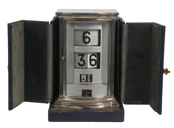 French Flip Dial Crystal Regulator Travel Clock: French Flip Dial Crystal Regulator Travel Clock. Brass case has a nickel finish with frosted glass on the sides and back and a bowed front beveled glass door exposing the dial tabs; the dial consists