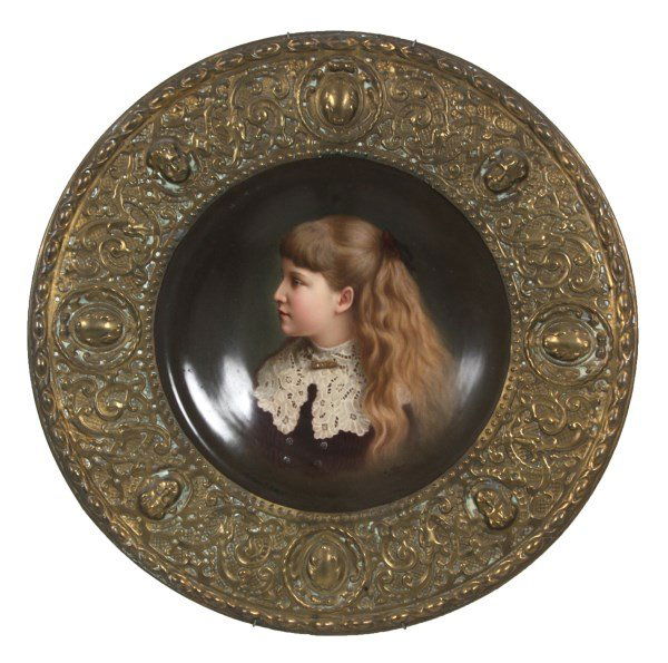 14 in. KPM Porcelain Portrait Charger: 14 in. KPM Porcelain Portrait Charger. Beautiful hand painted portrait of a young girl with golden blonde hair, she is facing to her right; artist signed and titled “L Sturm, 1882, The 2351th Portra