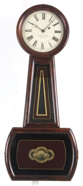 E. Howard No. 3 Banjo Clock: E. Howard No. 3 Banjo Clock. 9 in. original painted metal dial signed E. Howard & Co. Boston, black Roman hour numerals and blued open moon hands. Brass 8 day weight driven movement signed “E. Howar
