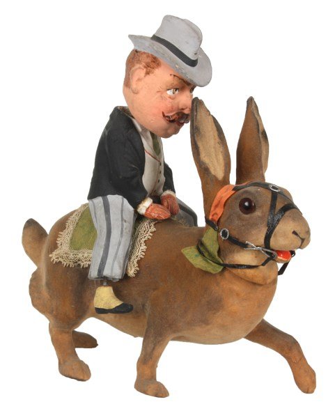 Rare Roosevelt Nodder Candy Container: Rare Roosevelt Nodder w/ Rabbit Candy Container. Paper mache & plaster figural rabbit candy container with removable head; has a figure of Theodore Roosevelt seated on a blanket on the rabbits back wi