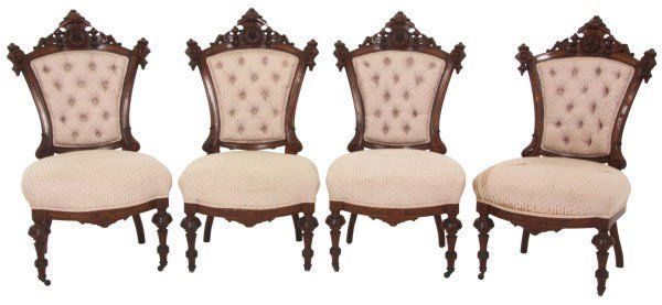 4 Carved Walnut John Jelliff Parlor Chairs: 4 Carved Walnut John Jelliff Parlor Chairs. Renaissance Revival sidechairs have carved crests with maidens heads in the center, raised burled panels, fleur de lis corner carvings and seashells, stands
