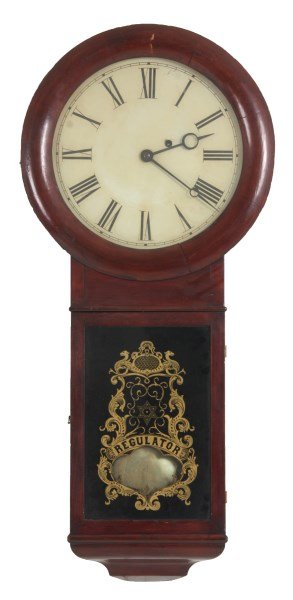 Seth Thomas Early No. 1 Regulator: Seth Thomas Early No. 1 Regulator. 12 in. painted metal dial with black Roman hour numerals and open moon hands; brass 8 day weight driven time only movement with brass pulley and iron weight behind a
