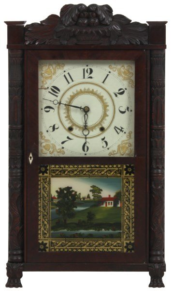 Eli Terry Splat & Column Mantle Clock: Eli Terry Splat & Column Mantle Clock. Original 10.25 in. painted wood dial has a 2 age splits, repainted hour numbers and overpainting to the gilt borders, pierced iron hands; wooden works 30 hour mo
