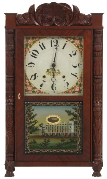 Eli Terry Splat & Column Mantle Clock: Eli Terry Splat & Column Mantle Clock. 10.25 in. painted wood dial with floral corner spandrels and gilt highlights and original pierced hands; 30 hour wooden works movement with iron conical side wei