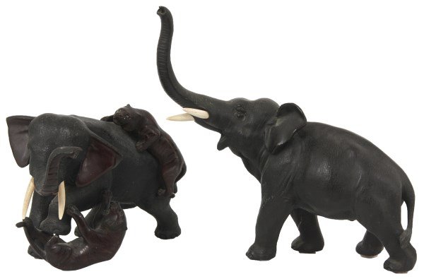 2 Meiji Bronze Elephant Sculptures: 2 Meiji Bronze Elephant Sculptures. The excellent standing elephant figures have a medium dark brown patina and natural carved tusks; one figure stands alone with its trunk pointed up, the other is en