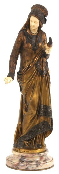 A. Carrier Bronze & Ivory Sculpture – La Fileuse: Albert Ernest Carrier Belleuse (1824-1887, France) bronze & ivory sculpture titled “La Fileuse”, The Spinner. Standing figure of a woman wearing classical garments, holding a spool in her left han