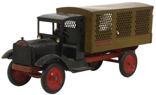 Keystone Pressed Steel Mail Truck Toy: Vintage Keystone Pressed Steel Mail Truck Toy. Original black & green paint, original Keystone Mfg. Co. decal, Packard decal and U.S. Mail decal, red painted chassis and rubber tires signed Keystone B