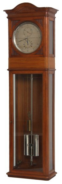 Franz Nawrata Astronomical Wall Regulator: 10 in. silvered astronomical dial signed “Franz Nawrata, Karlstein, N.O.” (Austria), has black incised 5 minute numbers with 3 in. sub second and hour dials, quality blued hands; brass 8 day weigh