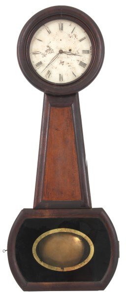 Large American Weight Driven Banjo Clock: Large American Weight Driven Banjo Clock. 12 in. painted metal dial reads “Regulator”, black Roman hour numerals, sub seconds dial, heavy cut steel hands; quality brass 8 day weight driven movemen