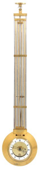 48 in. Inverted Gridiron Pendulum Clock: 48 in. Inverted Gridiron Pendulum Clock. 48 in. ceiling or wall mounted inverted gridiron pendulum clock. Large 9 rod 2 tone gridiron pendulum with mounted suspension, has a large 11 in. gilt brass pe