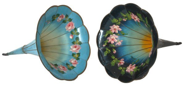 2 Painted Morning Glory Phonograph Horns: 2 Painted Morning Glory Phonograph Horns. 11 Panel horns, one painted with a pale blue exterior and one with a black exterior, both have a border of large pink flowers inside of the bell. Some minor b