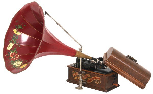 Edison Model “A” Home Phonograph: Edison Model “A” Home Phonograph. Oak “second style” case has a domed lid, exposed finger jointed construction on the corners and gilt Edison Home Phonograph decal on the front; spring driven 