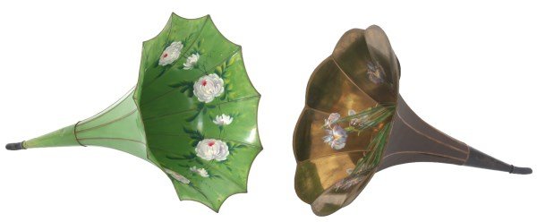 2 Painted Morning Glory Phonograph Horns: 2 Painted Morning Glory Phonograph Horns. 1) 9 panel horn with lobed rim, has a black canvas covered exterior and metallic gold interior with beautiful iris flowers; some pulling to the canvas covers,