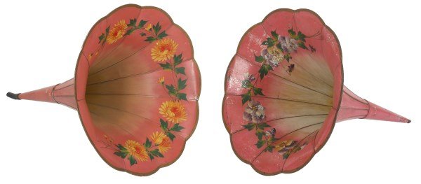 2 Painted Morning Glory Phonograph Horns: 2 Painted Morning Glory Phonograph Horns. 11 panel pink painted horns with lobed rims, one is painted with purple & yellow pansy flowers on the interior of the bell and the other with large yellow chr