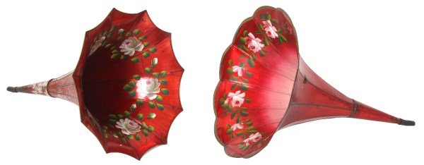 2 Painted Morning Glory Phonograph Horns: 2 Painted Morning Glory Phonograph Horns. 11 panel horns, one with lobed panels along the rim the other with concave arched panels with pointed seams, signed “T.T. Co.” (Tea Tray Company); both ha