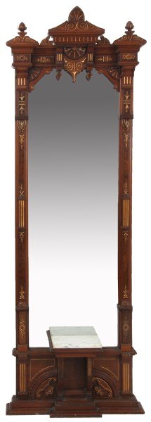 Carved Walnut Marble Top Pier Mirror: Carved Walnut Marble Top Pier Mirror. Excellent carved crest with seashell center and seashell pendant carvings, turned corner finials, fancy carved panels in the base with a marble top shelf in the c