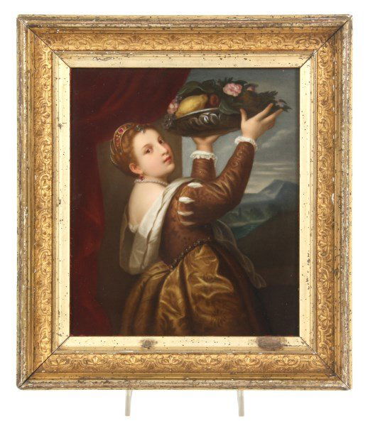 KPM Porcelain Plaque Titian's Daughter Lavinia: KPM Porcelain Plaque Titian's Daughter Lavinia. Beautiful portrait plaque depicts Lavinia, the daughter of the painter “Titian”; she carries a tray of fruit over her head, her back to the painter
