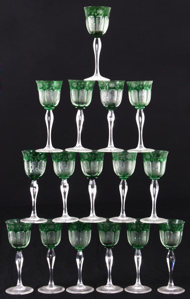 16 Pcs. Green Overlay Cut Glass Stemware (1 of 8)