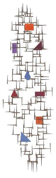 Wall Hanging Square Head Nail Sculpture: Wall Hanging Square Head Nail Sculpture. 57 in. high x 17.5 in. wide x 2.75 in. deep. Weight: 6 lbs.