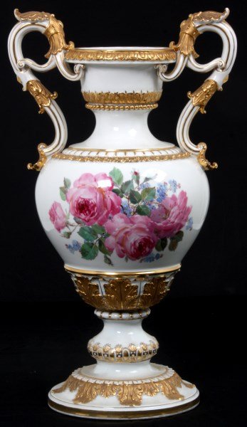 Lg. Meissen Porcelain Vase: Lg. Meissen Porcelain Vase. Porcelain baluster form vase with fancy scrolled handles branching out at the top, pink painted roses with violets on the front, blue & purple morning glories on the revers