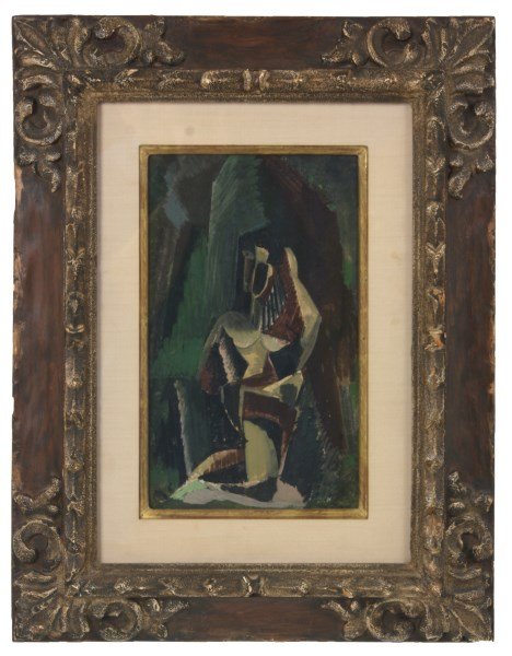 Max Weber Gouache Painting – Kneeling Figure: Max Weber (1881-1961) gouache painting on board titled “Kneeling Figure”; signed and dated lower right “Weber, 15”. Framed behind conservation glass, in very good condition. 10.25 in. high x 6