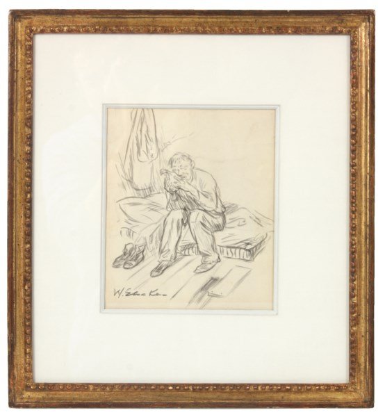 William Glackens Ink Drawing on Paper: Willaim Glackens (1870-1938, American) Ink drawing on paper titled “Autobiography of a Beggar”; signed lower left. 7.75 in. high x 6.5 in. wide. Frame: 14.75 in. high x 13.5 in. wide. Weight: 2.75