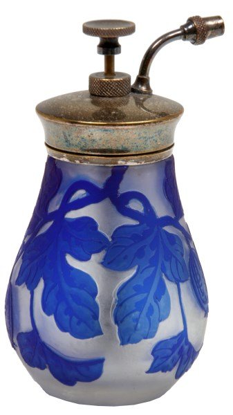 English Cameo Glass Perfume: English Cameo Glass Perfume. Teardrop form with blue cameo cut filigree on a clear frosted background, unsigned; silver plated collar and perfume pump sprayer mechanism signed “Enots, England, Rd. 6