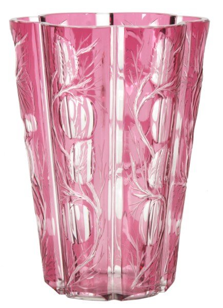 Cranberry Cut To Clear Vase: Cranberry Cut To Clear Vase. Pink cranberry overlay vase cut to clear, has a 6 sided lobed form and is intaglio cut with plumb leaf, branch and fruit pattern. In very nice condition. 8 in. high x 6 in