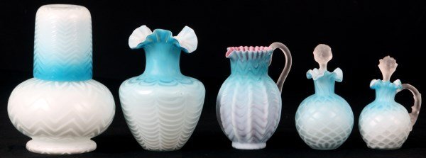 Lot of Victorian MOP Satin Glass: Lot of Victorian MOP Satin Glass. 1) Cased blue and white tumble up bottle & cup; 7 in. high & 3.5 in. high. 2) Cased blue and white vase with ruffled rim; 6.25 in. high. 3) Cased blue and white cruet