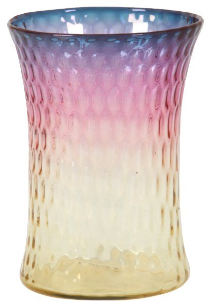 Alexandrite Glass Vase w/ Excellent Color: Alexandrite Glass Vase w/ Excellent Color. An hourglass form with textured honeycomb surface; formed in alexandrite glass which is purple at the top and yellow at the base; has excellent color and is
