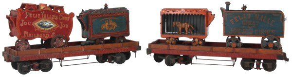 6 Pc. Wooden Folk Art Circus Train: 6 Pc. Wooden Folk Art Circus Train. The 2 flat-bed rail cars carry the 4 circus wagon cars including the giraffe cart, lion cart, leopard cart and stage coach; the colorful paint advertises “Felix V