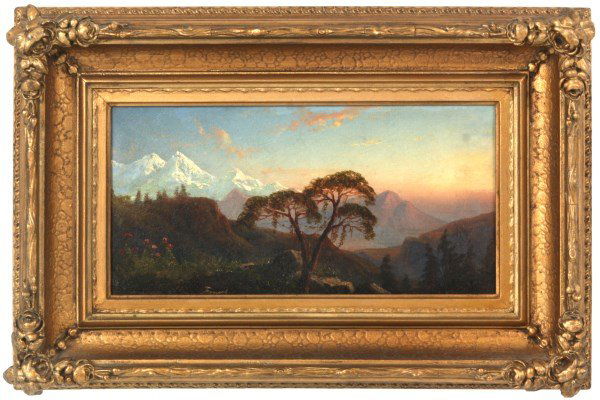 Attr: Francis A. Silva O/C Landscape: Francis Augustus Silva (1835-1886, New York) oil on canvas mountainous landscape with sunrise illuminating the scene from the right; canvas is cut and relined to a 20th century canvas and stretchers,