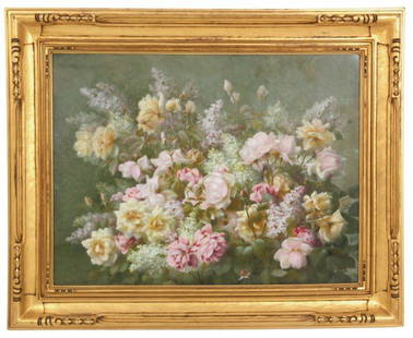 Raoul De Longpre Gouache Still Life: Raoul Maucherat De Longpre (1859-1911, France) gouache on paper large still life painting with beautiful pink and yellow roses and large bunches of lilacs, signed lower left “Raoul M. de Longpre”.