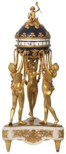 French Figural 3 Graces Annular Clock: French Figural 3 Graces Annular Clock. White marble base mounted with pierced gilt bronze filigree and turned bronze feet, standing gilt bronze nude female figures "The 3 Graces" are holding up a larg