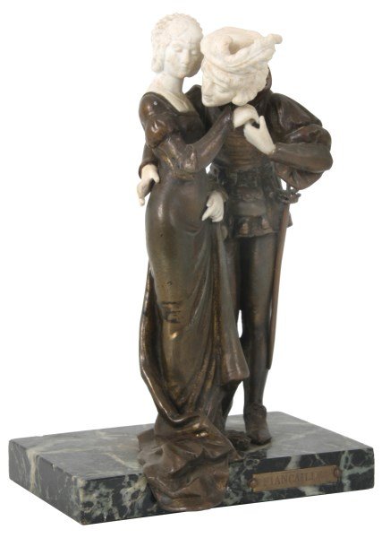 Fabrication Francaise Bronze & Parian Sculpture: Fabrication Francaise Bronze & Parian Sculpture. Bronze sculpture titled “Fiancailles” (engagement) depicts a young man and woman standing in an embrace, the man stands to the womans left and hold
