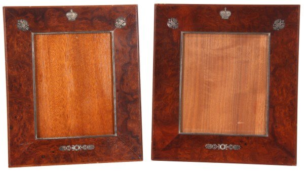 Pr. Russian Sterling Mounted Walnut Frames: Pr. Russian Sterling Mounted Walnut Frames. Beautiful walnut picture frames with easel stands and walnut burl fronts; silver mounted imperial eagles, crown, filigree and inside border trim on the fron